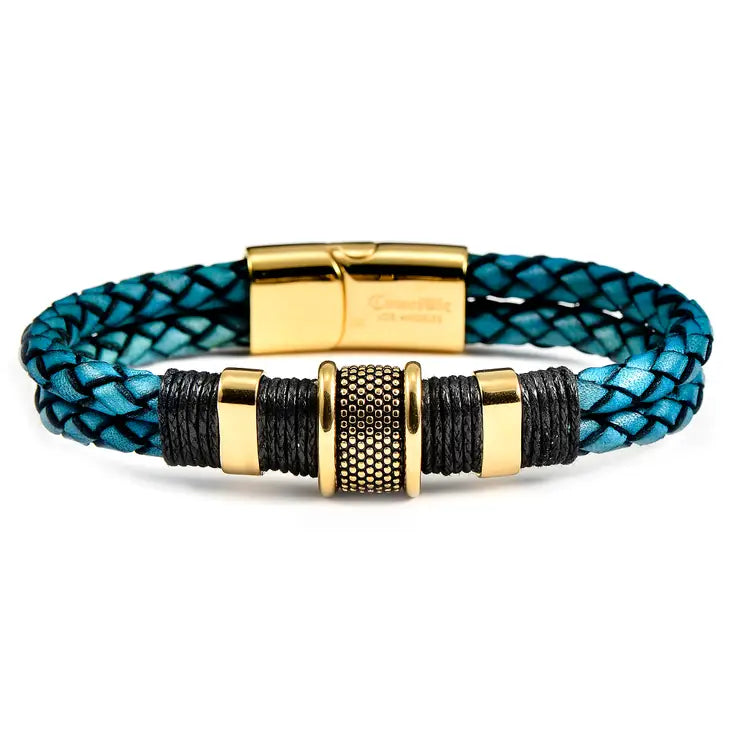  Gold Plated Steel Distressed Leather Bracelet Light Blue