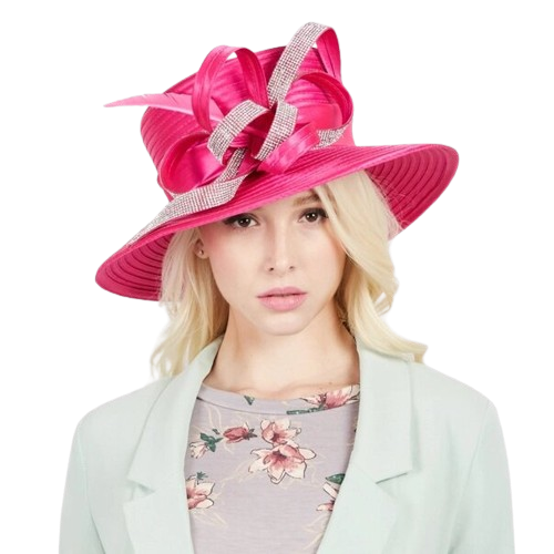 Jayda | Rhinestone Ribbon w/ Feather Satin Braid Boater Hat