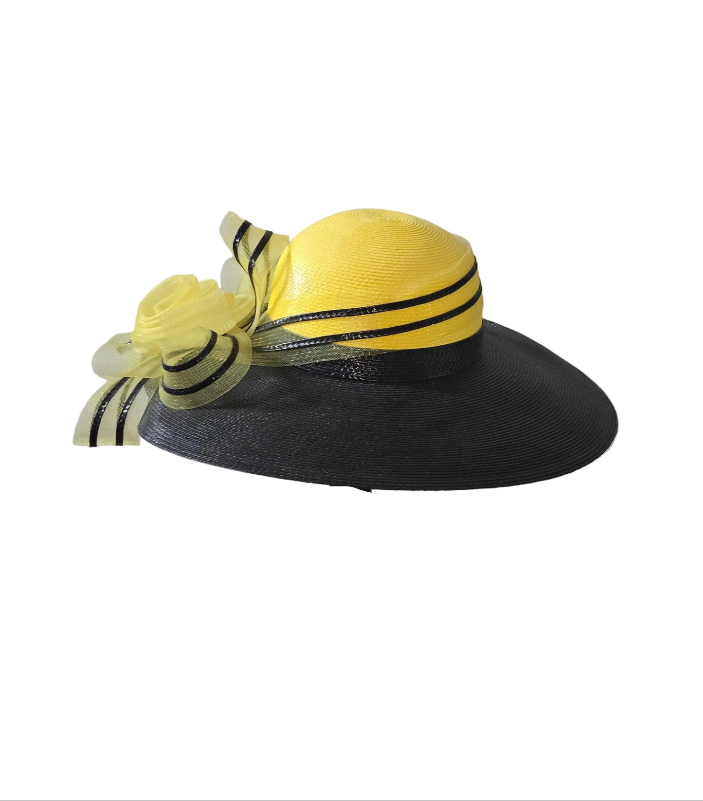 Black hat with yellow and black bee decorations on a white background