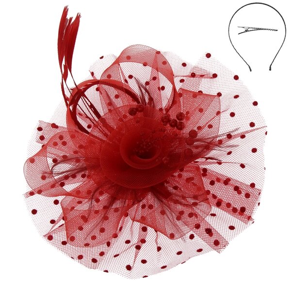 Rochelle | Organza Ribbon Flower Fascinator w/ Feathers & Dotted Mesh