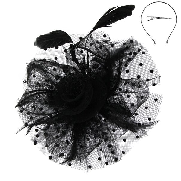 Rochelle | Organza Ribbon Flower Fascinator w/ Feathers & Dotted Mesh