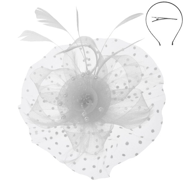 Rochelle | Organza Ribbon Flower Fascinator w/ Feathers & Dotted Mesh