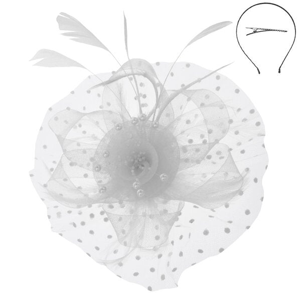 Rochelle | Organza Ribbon Flower Fascinator w/ Feathers & Dotted Mesh