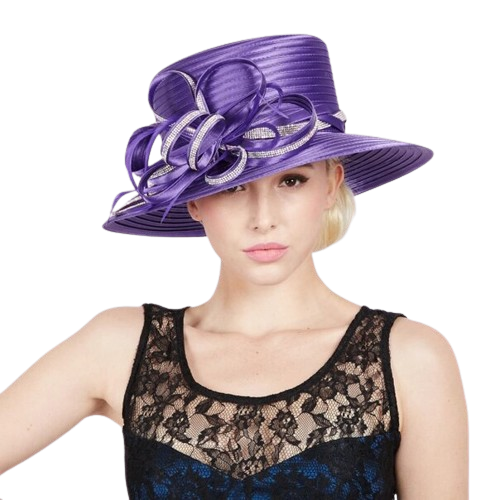 Tisca | Two Tone Rhinestone Pave Ribbon Braid Satin Boater Hat