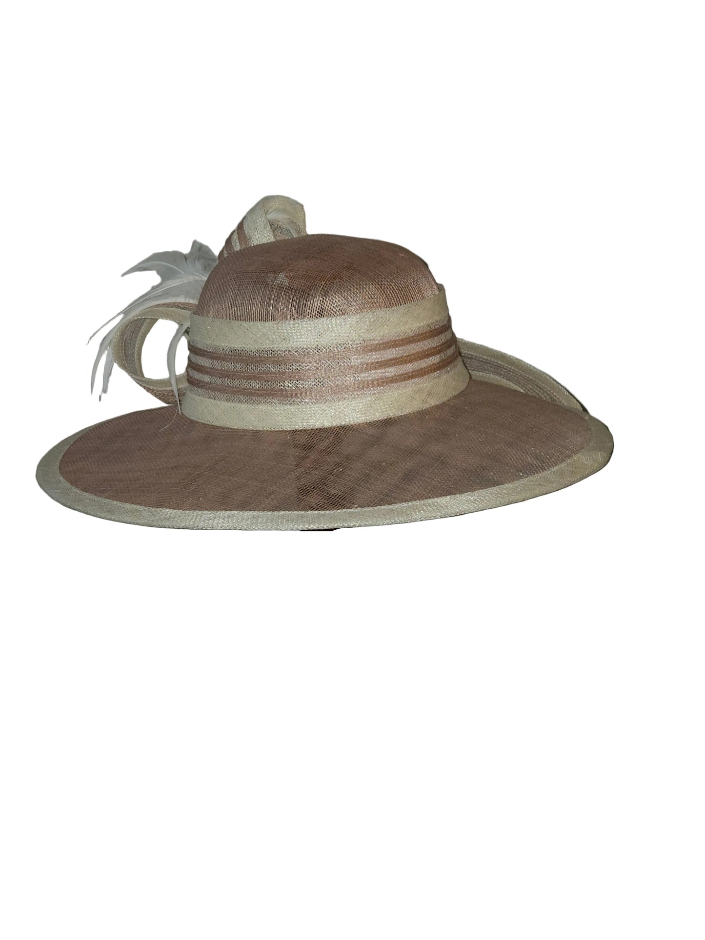 Brown and beige hat on a stand against a plain wall.