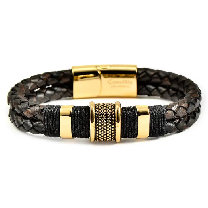  Gold Plated Steel Distressed Leather Bracelet Brown