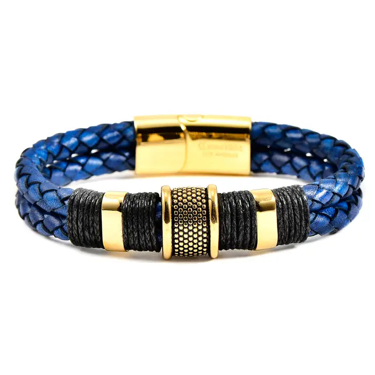  Gold Plated Steel Distressed Leather Bracelet Navy Blue