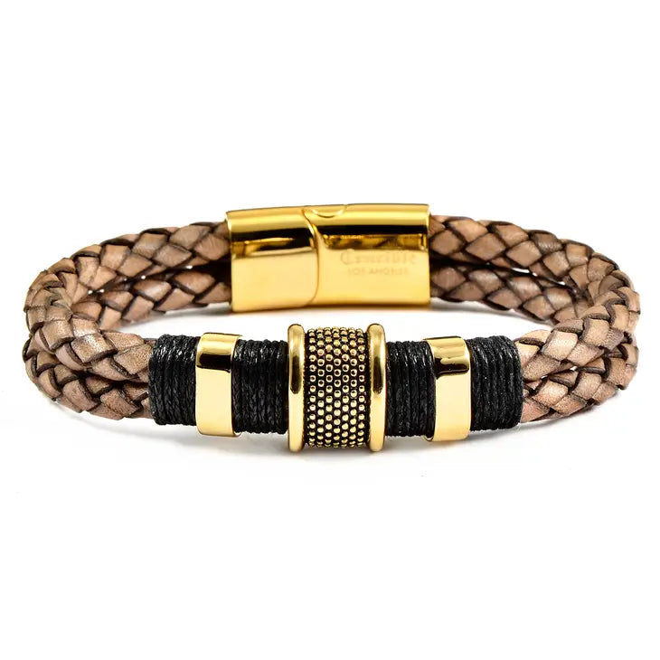  Gold Plated Steel Distressed Leather Bracelet Light Brown