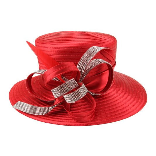 Jayda | Rhinestone Ribbon w/ Feather Satin Braid Boater Hat