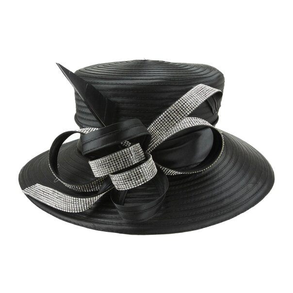 Jayda | Rhinestone Ribbon w/ Feather Satin Braid Boater Hat