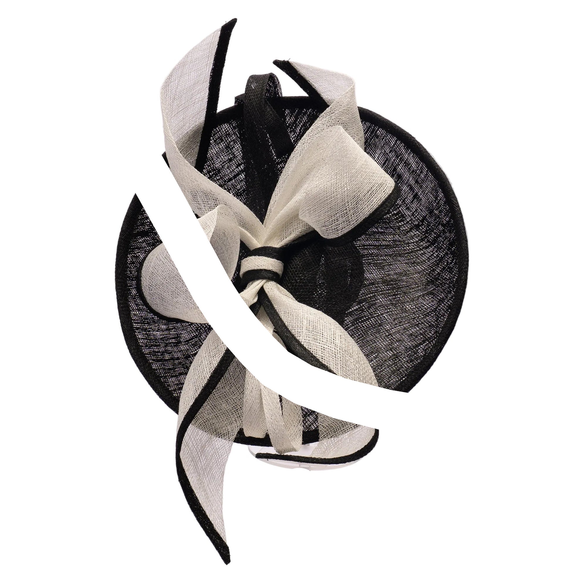 Black and white decorative headpiece with a bow on a white background