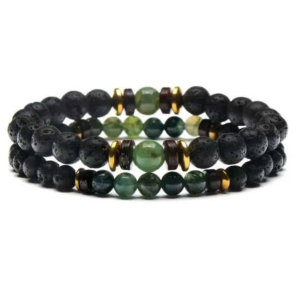 Natural Stone with Hematite and Lava Bracelet Green Agate