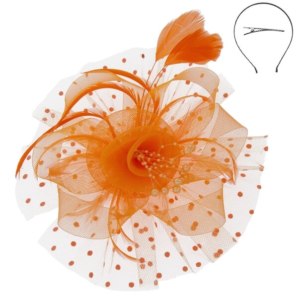 Rochelle | Organza Ribbon Flower Fascinator w/ Feathers & Dotted Mesh