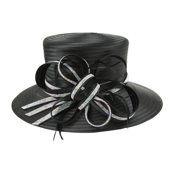 Tisca | Two Tone Rhinestone Pave Ribbon Braid Satin Boater Hat